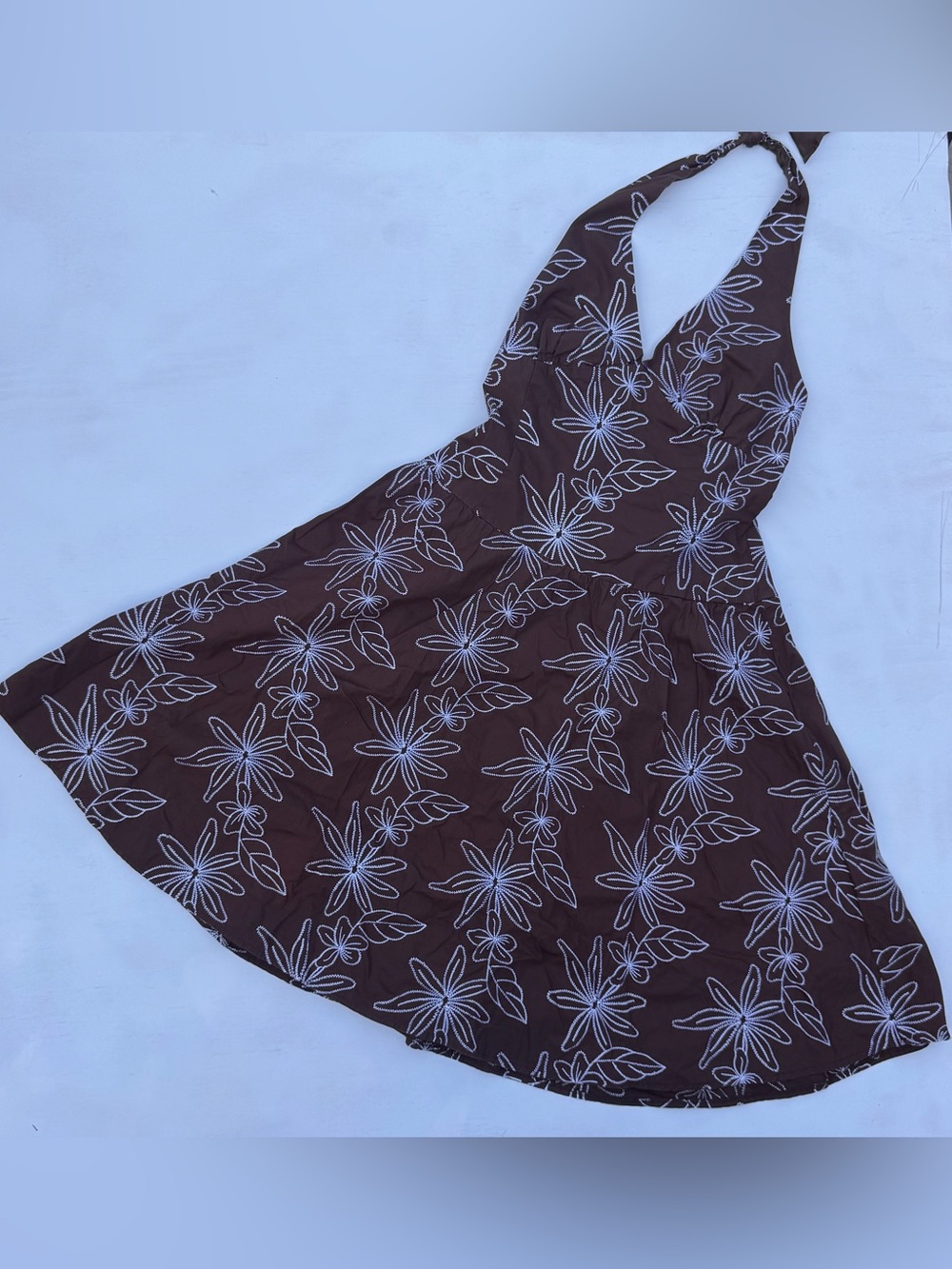 Julian Taylor Brown Halter Dress with Embroidered White Flowers. 100% Cotton
